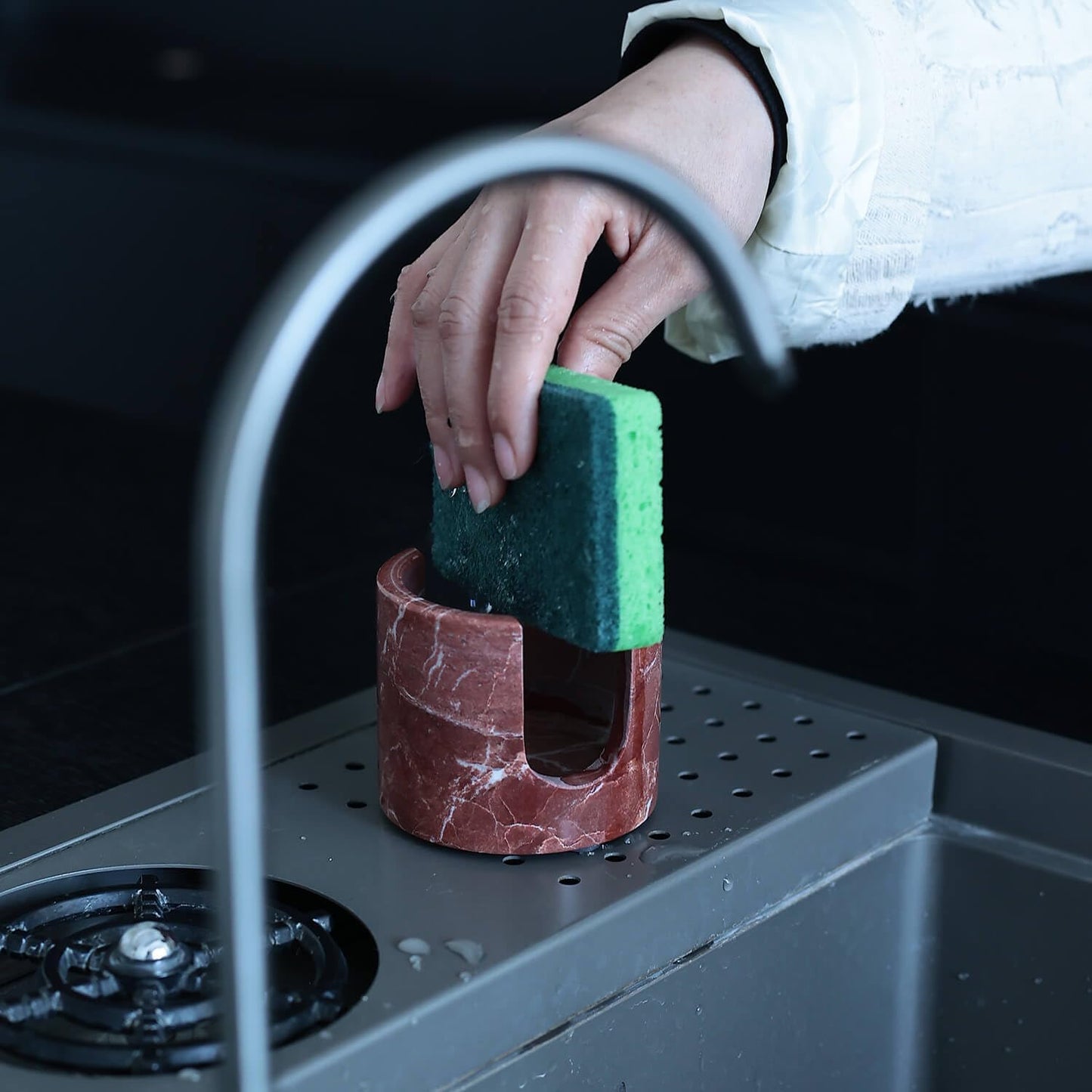 Travertine Marble Sponge Holder for Kitchen Counter - Natural Stone Dish Drying Rack, Sponge Caddy for Sink Organizer - Durable & Stylish Kitchen Decor (Rosso Red Marble)