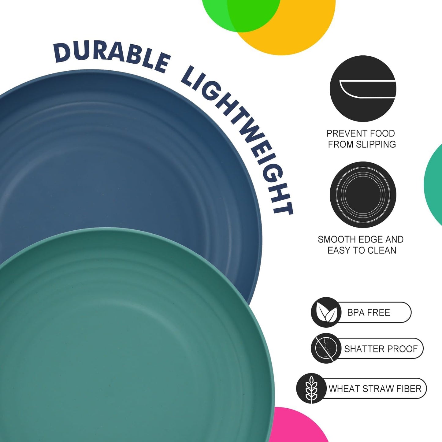 Homienly 10 inch Wheat Straw Dinner Plates Set of 8 - Alternative to Plastic, Microwave & Dishwasher Safe, Unbreakable Kids Plates with 4 Colors (Classic Bright)