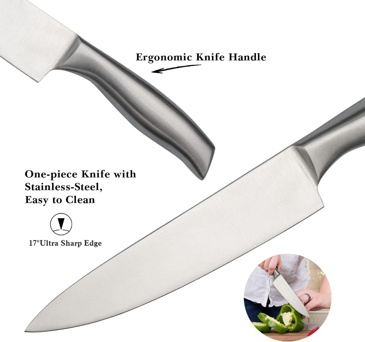 Knife Set, 14 Pieces Kitchen Knife Set with Wood Block, Chef Knife with 6 Pieces Serrated Steak Knives, High Carbon Stainless Steel Knife Sets for Multipurpose Cooking