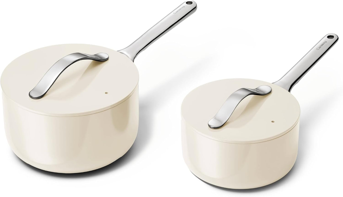 Caraway Nonstick Ceramic Sauce Pans with Lids (3 qt & 1.75 qt) - Non Toxic, PTFE & PFOA Free - Oven Safe & Compatible with All Stovetops (Gas, Electric & Induction) - Cream