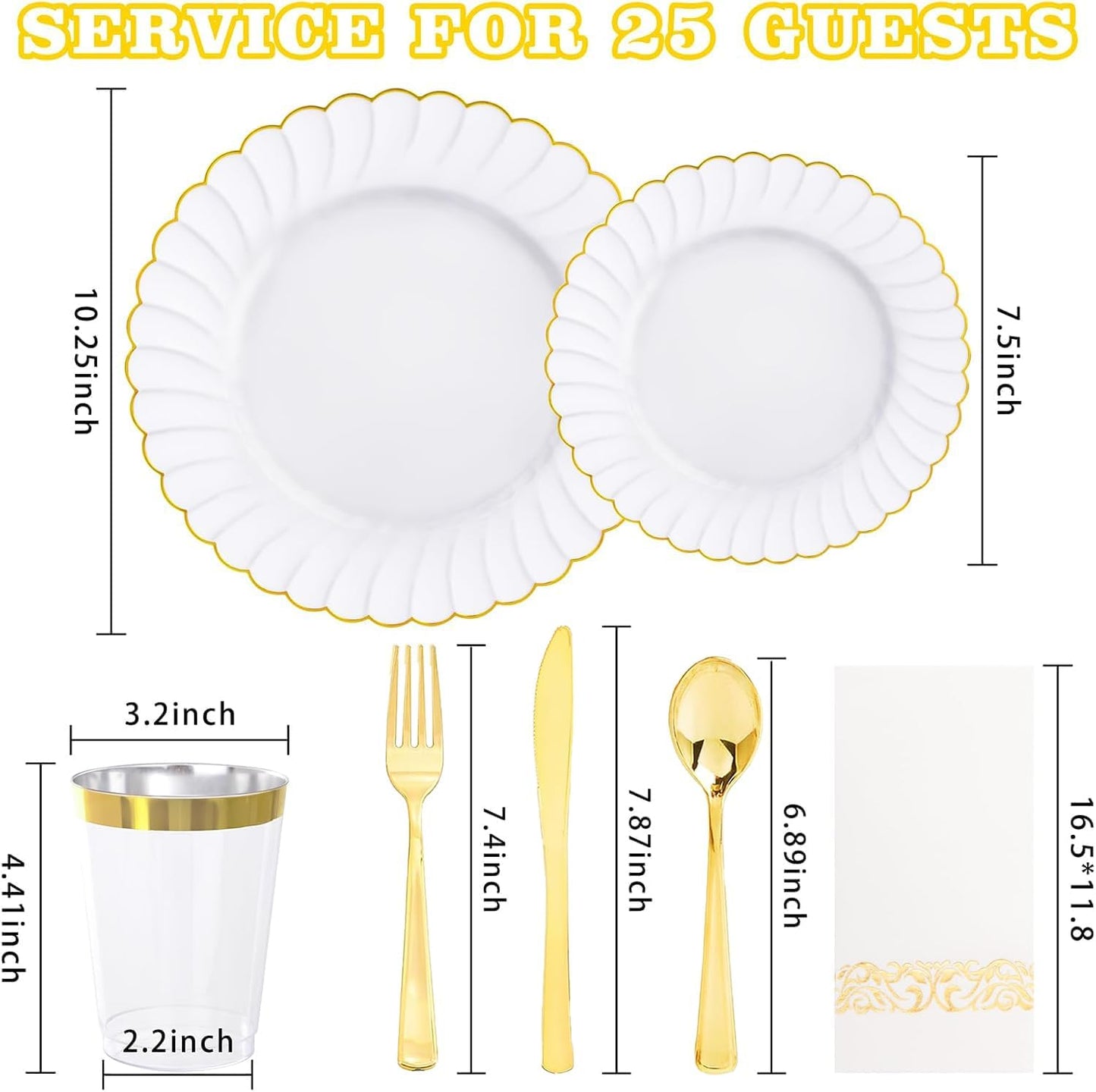 YOUBET 175PCS Gold Scalloped Plastic Plates - White and Gold Disposable Dinnerware Set Include 50 Plates, 75 Gold Silverware, 25 Cups, 25 Napkins for Party & Wedding & Thanksgiving