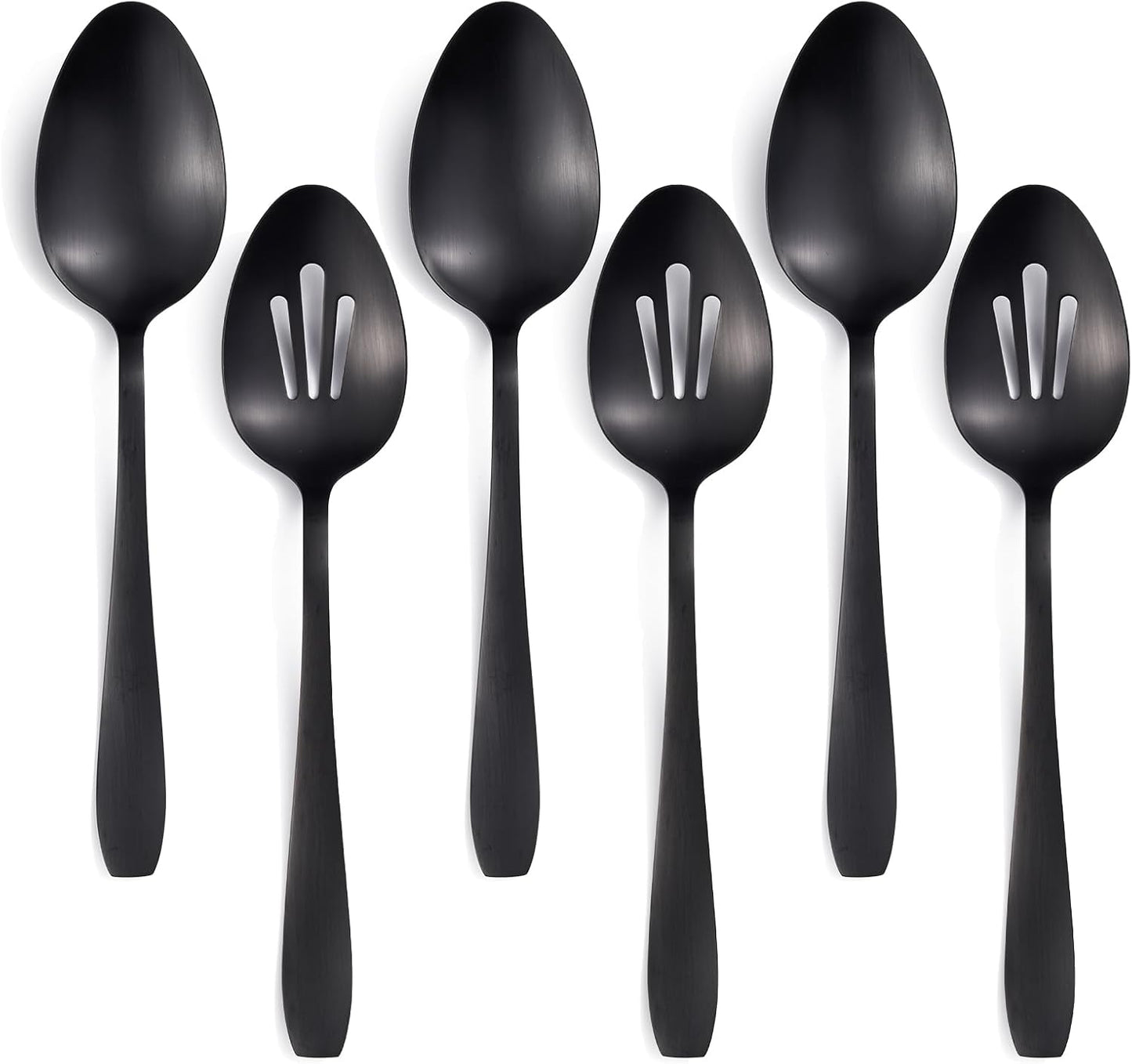 6 Pieces Large Serving Set - 3 Spoons & 3 Slotted Spoons - 10.6 Inch Matte Black Stainless Steel Utensils - Dishwasher Safe for Kitchen, Buffet, Party, Restaurant