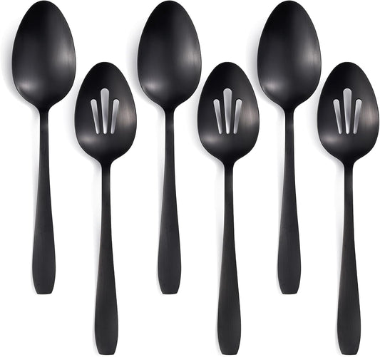 6 Pieces Large Serving Set - 3 Spoons & 3 Slotted Spoons - 10.6 Inch Matte Black Stainless Steel Utensils - Dishwasher Safe for Kitchen, Buffet, Party, Restaurant