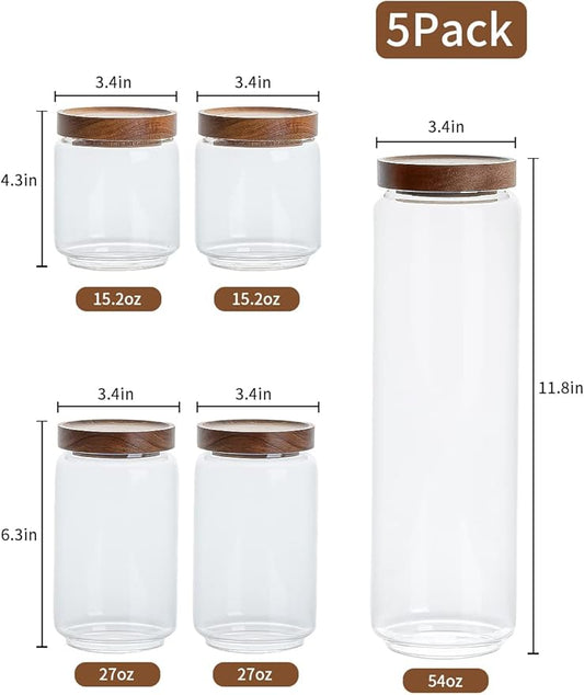 Kanwone Airtight Food Storage Containers with Bamboo lids set of 5, Stackable Food Storage Containers, Glass Canisters for Pantry, kitchen, Flour, Sugar, Tea, Coffee, Pasta, Cookies, Rice and Spice