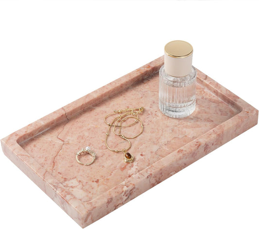 Natural Marble Rectangular Tray 10x6 Inch - Cream Rose Vanity Organizer for Bathroom, Coffee Table & Kitchen - Weighted Base