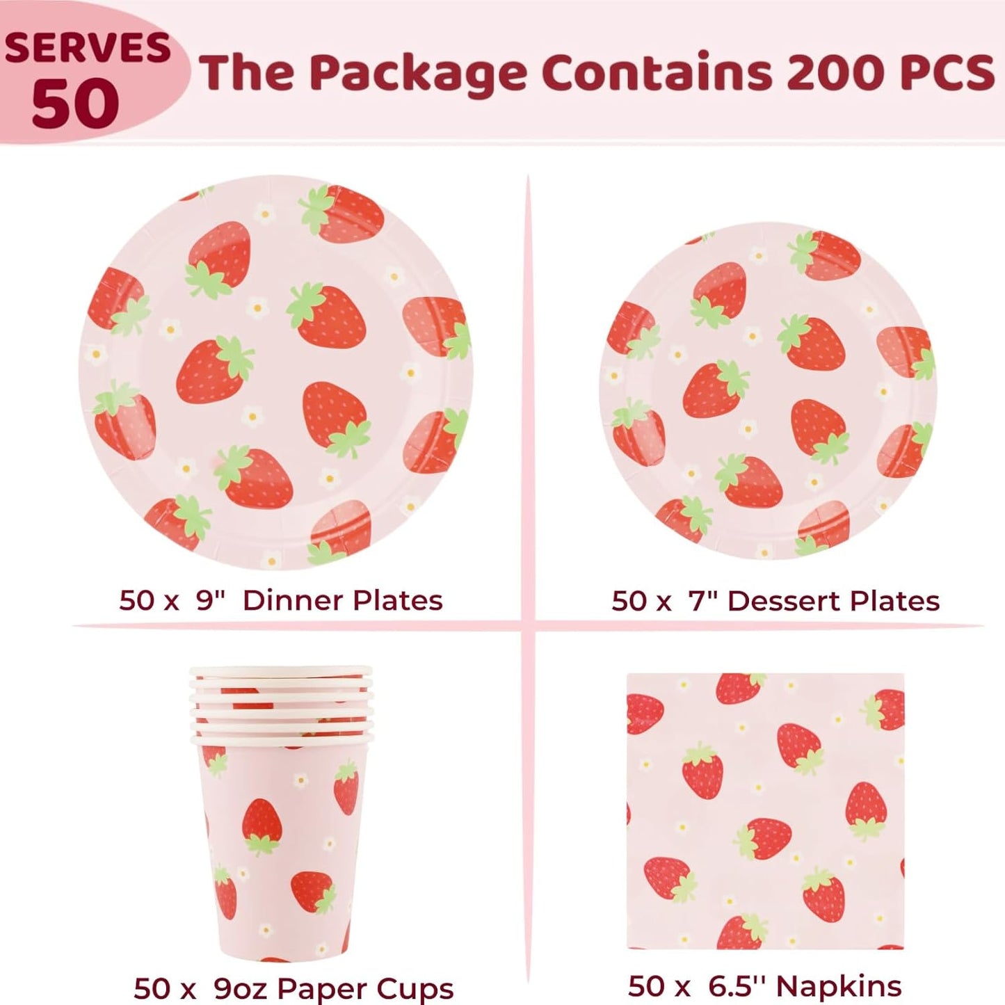 Strawberry Party Tableware Set - 200PCS Birthday Party Supplies Strawberry Disposable Paper Plates Dinnerware Set Dinner Plates Dessert Plates Cups Napkins for 50 Guests Baby Shower Fruit 1st