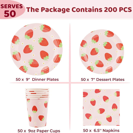 Strawberry Party Tableware Set - 200PCS Birthday Party Supplies Strawberry Disposable Paper Plates Dinnerware Set Dinner Plates Dessert Plates Cups Napkins for 50 Guests Baby Shower Fruit 1st