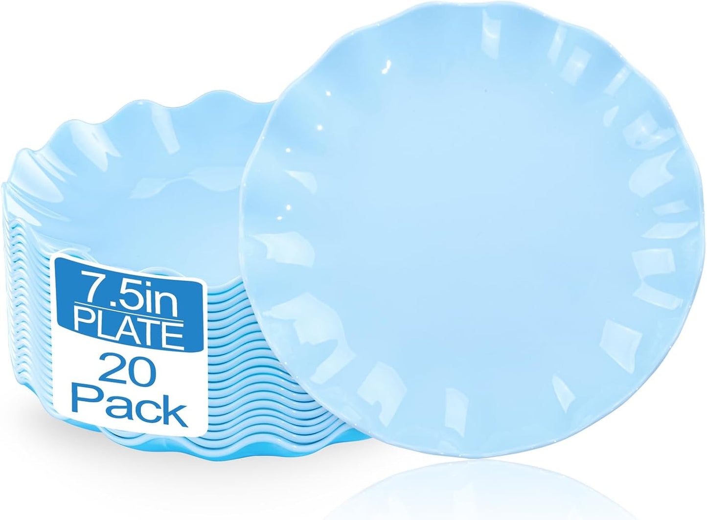 LIYH 20 Pcs Light Blue Plastic Plates Reusable 7.5 Inch - Unbreakable Scalloped Dessert Plates for Weddings Camping Party Outdoor Picnics Dishwasher Safe BPA Free (20Guests)