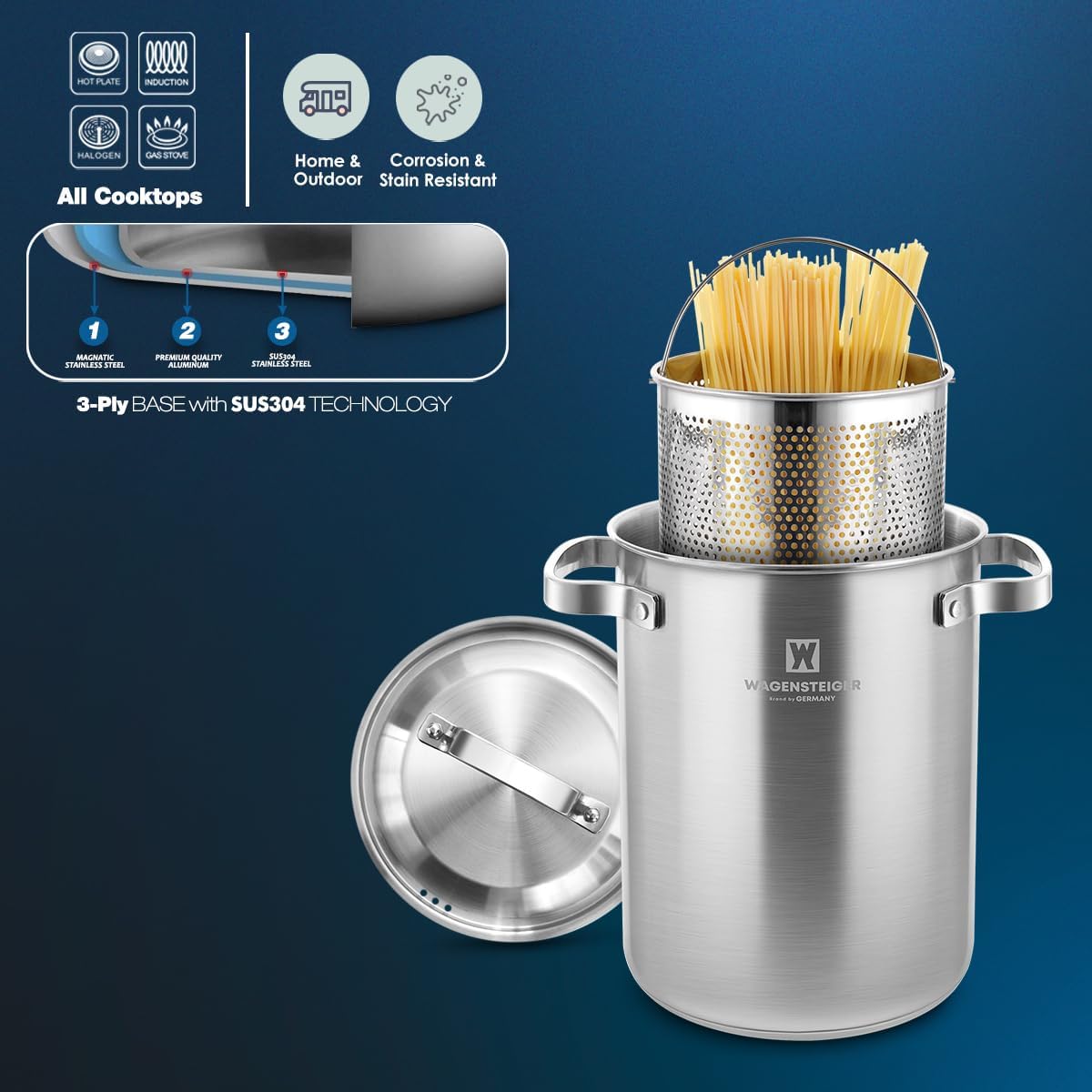 Premium Stainless Steel Asparagus Steamer Pot or Spaghetti Pasta Stovetop Cooker with Perforated Steamer Basket, Tall & Large Size, Versatile Cookware, 3-Ply Base(4.3Liters/1.14Gals)
