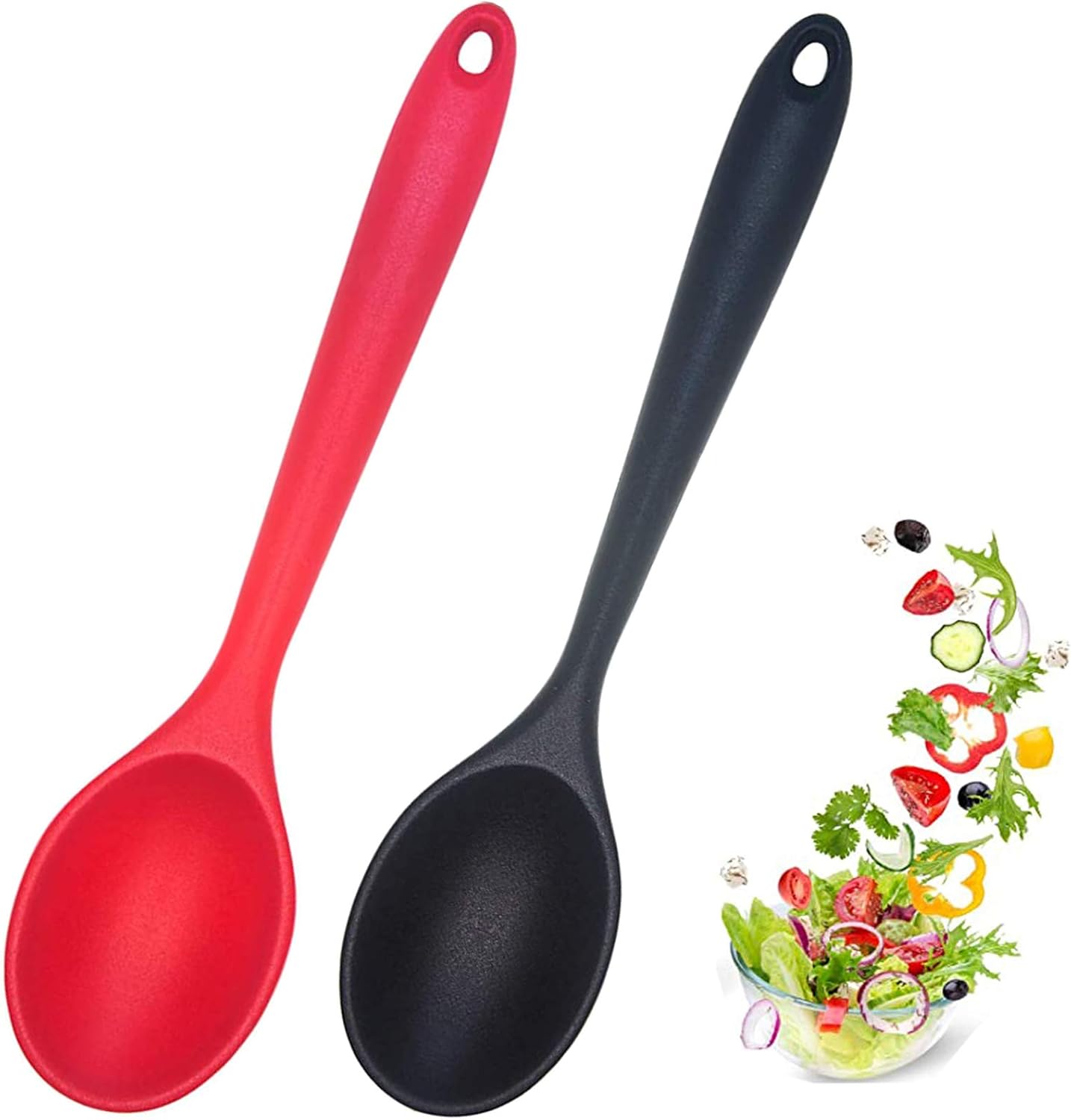 2 Pcs Silicone Nonstick Mixing Spoon, Silicone Spoons for Cooking Heat Resistant, Cooking Utensil for Kitchen Cooking Baking Stirring Serving (Red,Black)