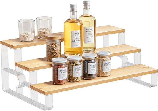 junyuan Spice Rack,3 Tier Spice Organization for Cabinet,Seasoning Organizer,Kitchen Counter Shelf,Bamboo Tiered Display Stand,Clear Extended Width 14"