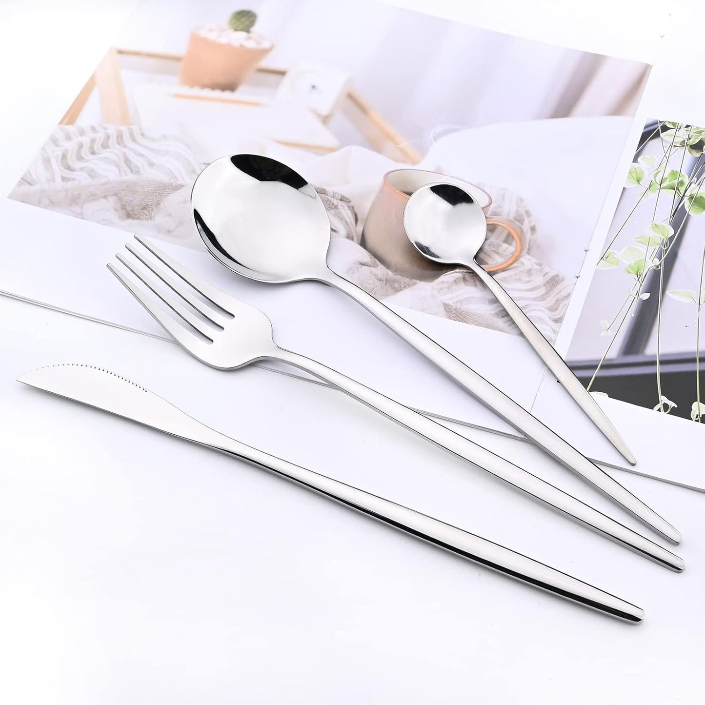 24-Piece Mirror Silver Polished Flatware, 18/0 Stainless Steel Dinnerware Set Include Knife Fork Spoon Teaspoon Cutlery Set For Home Restaurant and Party Service For 6, Dishwasher Safe