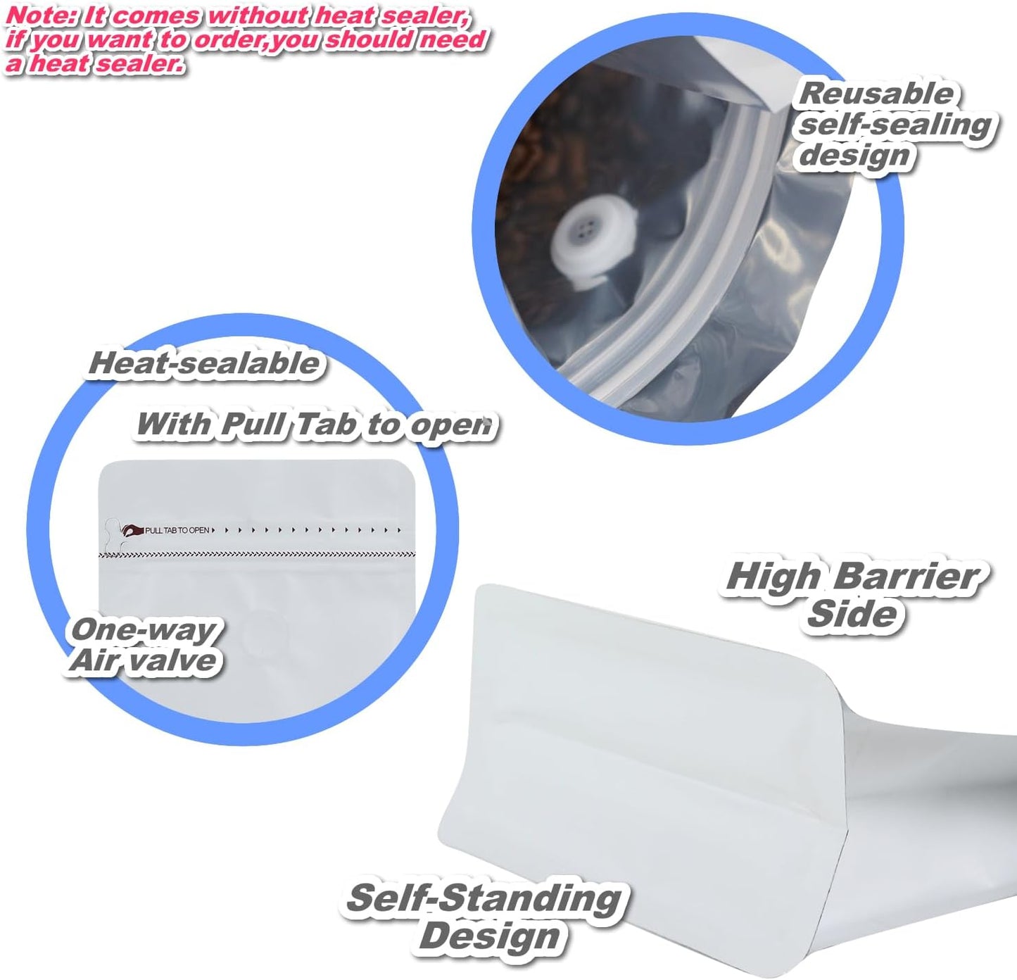 150 Pack High Barrier Stand-Up Coffee Bean Bags with Vented Valve, Matte Metallic, Heat-Sealable and Resealable Solid Color Pouches for Food Storage (6 * 12.8 inch,2 lb,32 oz,White)