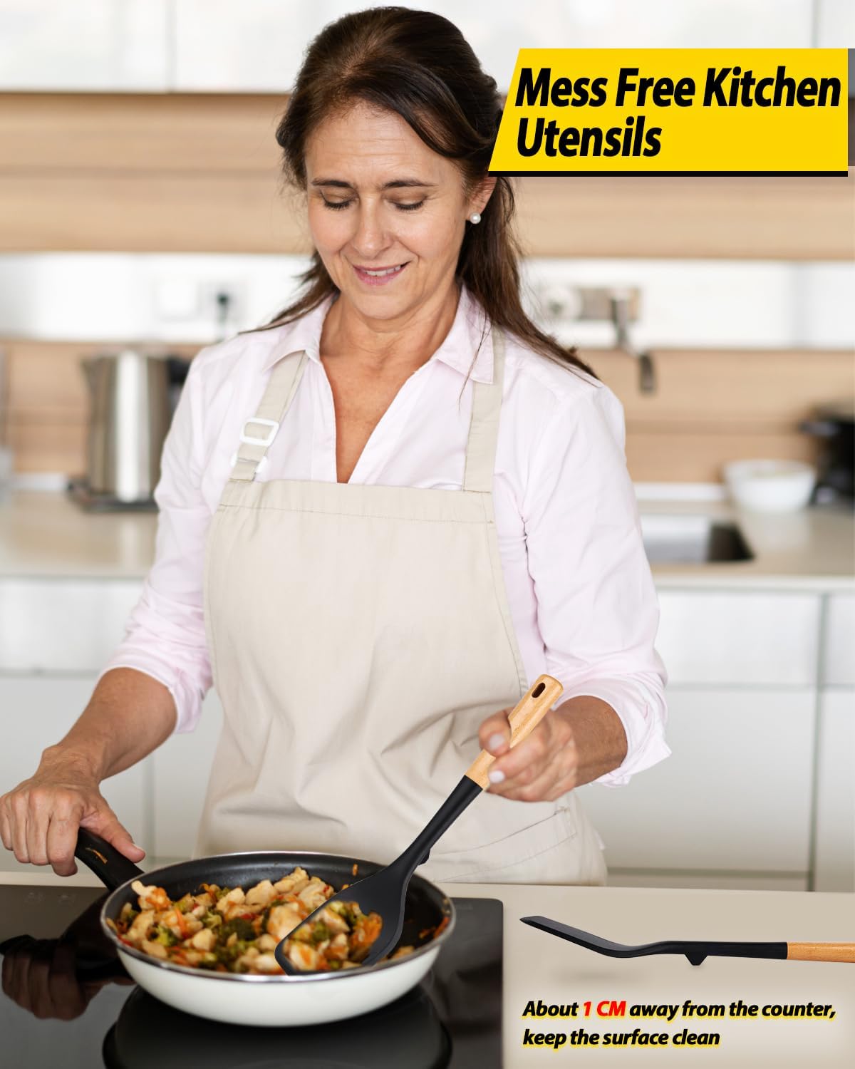 Pack of 2 Large Silicone Spatula, Heat Resistant Solid Turner, Non Stick Slotted Spatulas with Wooden Handle, Ideal Kitchen Utensils for Flipping, Pancakes, Eggs, Fish(BLACK)