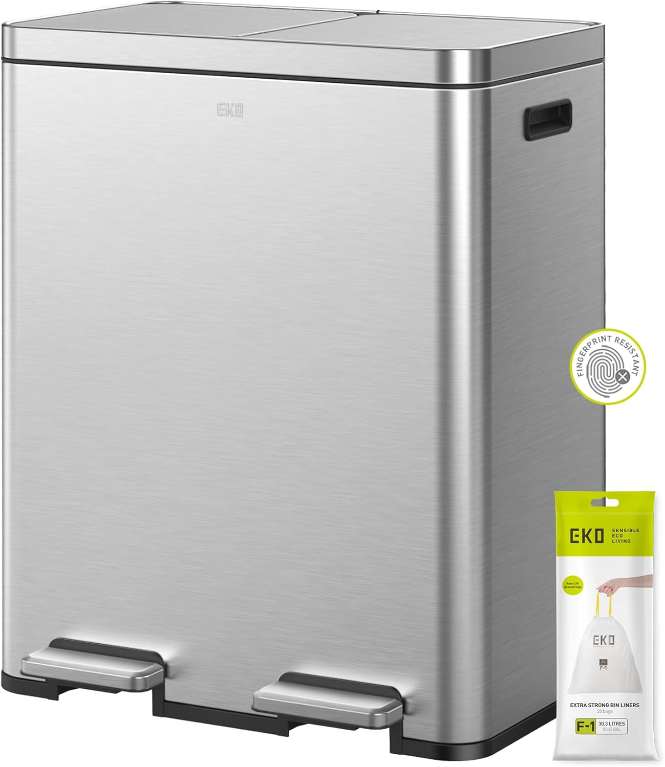 EKO Edison Dual Trash Can for Recycling and Trash, 8+8 Gallons Kitchen Garbage Can with Dual Removable Inner Liners, Independent Lids and Pedals, Matte Stainless Steel