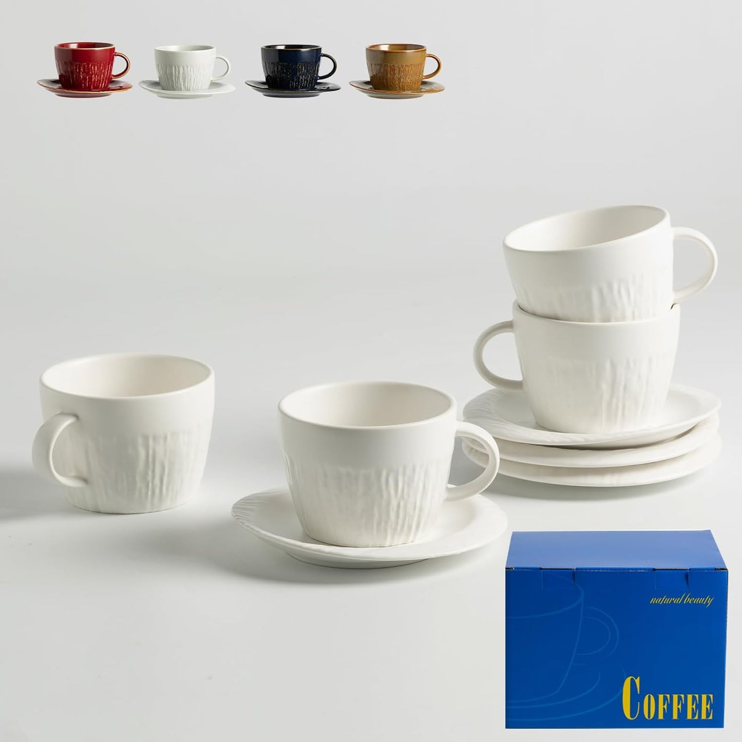7.4oz Espresso Cups Set of 4 - Ceramic Cappuccino Cups with Saucers - Microwave and Dishwasher Safe, Perfect For Tea, Latte - Porcelain Drinkware for Kitchen or Cafe (white)