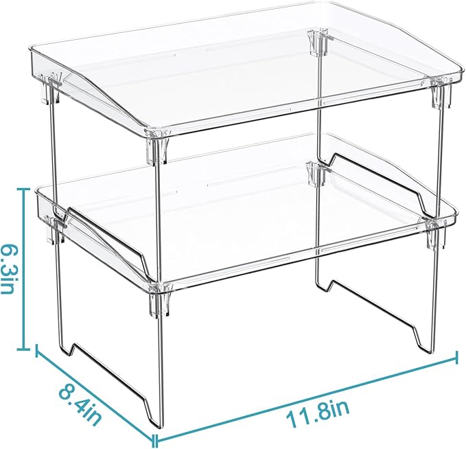 2 Pcs Cabinet Organizer Shelf，Stackable Kitchen Counter Shelves, Spice Rack,Countertop Organizers，Clear Plastic Storage Shelves Rack for Makeup，Bathroom, Cupboard，Desk，Pantry Organization