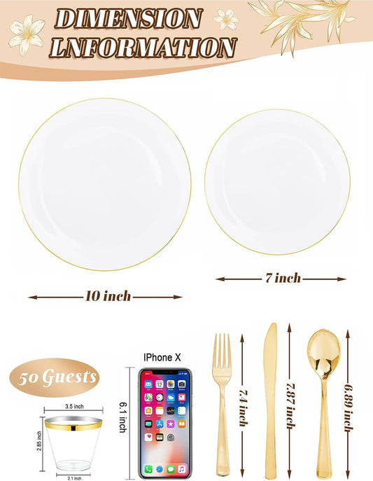 WDF 300PCS White and Gold Plates - Wedding Plastic Dinnerware Set for 50 Guests Include 50 Dinner & 50 Cake Plates, 50 Cutlery, 50 Cups for Wedding, Birthday, Thanksgiving Party