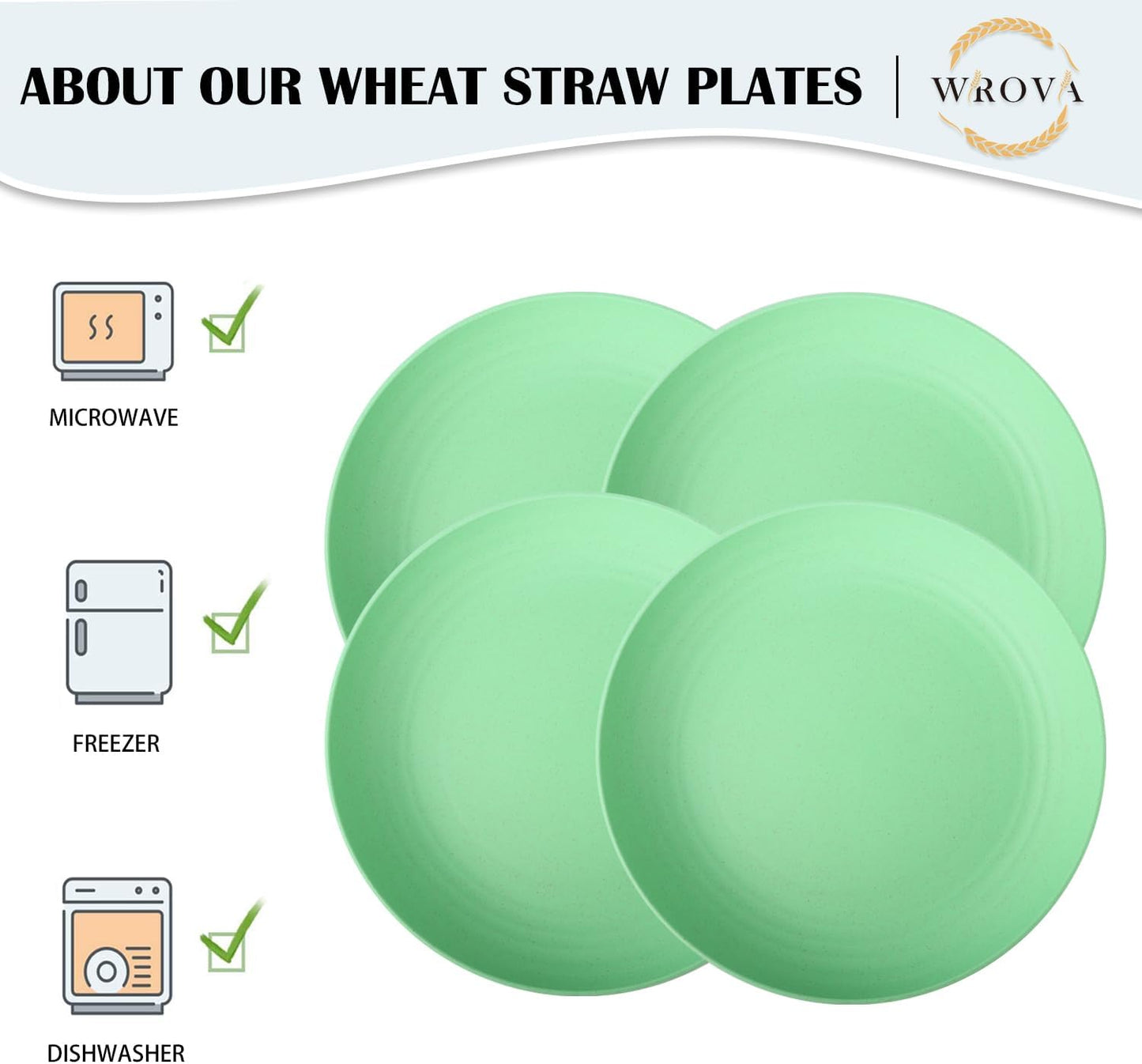Wrova Wheat Straw Plates - 10 Inch Unbreakable Dinner Plates Set of 8 - Dishwasher & Microwave Safe Plastic Plates Reusable for Kitchen and Camping (Light Green)