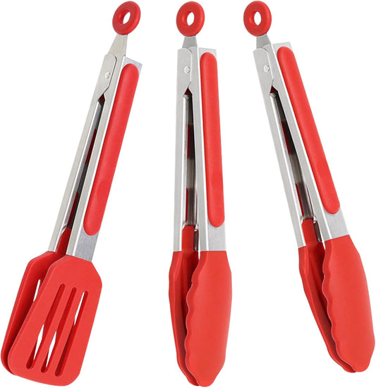 9 Inch Small Kitchen Tongs Set of 3, Silicone Cooking Tongs with Silicone Tips and Stainless Steel Handle, Tongs for Cooking, Serving(Red)