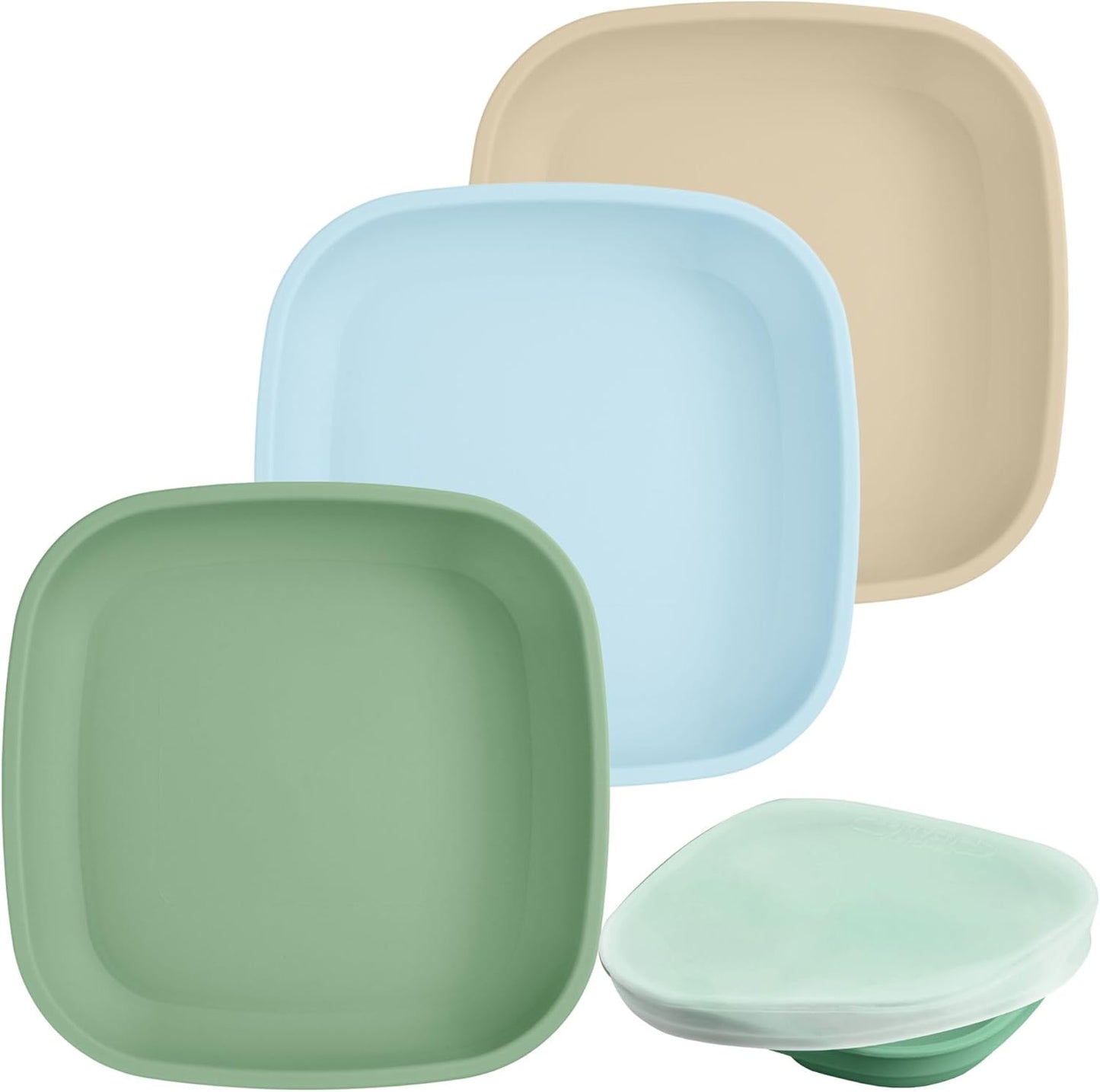 Re-Play Toddler Plates - 22 Oz. Deep-Walled Flat Kids Plates with Lid - Dishwasher & Microwave Safe - Made in USA - Set of 3-7.37" x 7.37" x 1.25" - Beach Baby