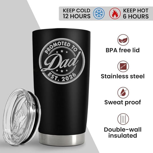 Vivulla68 Promoted To Dad 2026 Tumbler 20Oz, Dad Est 2026 Mug, 1st Daddy Gifts, New Baby Gifts Ideas, Papa Established 2026 Coffee Cup, Fathers To Be Gift, Expecting Papa Mug, First Time Daddy Gift