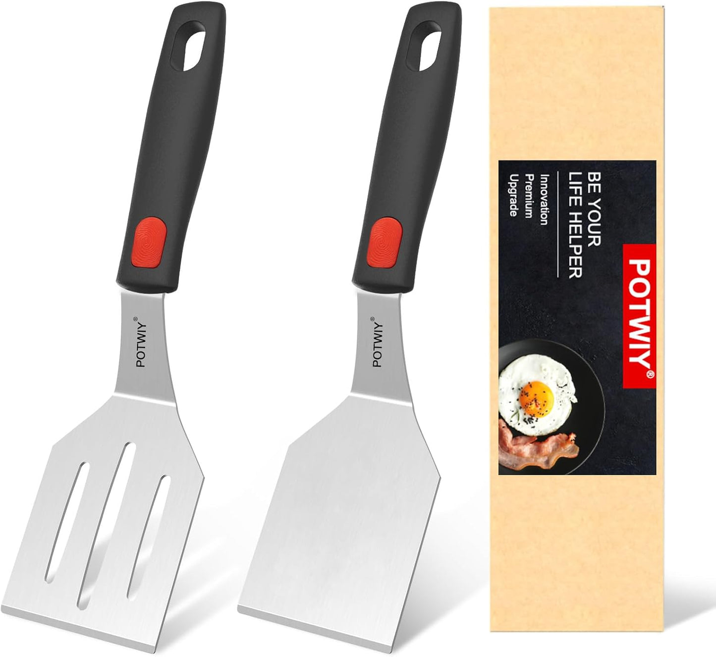 Stainless Steel Spatula Set, 2 Pack Small Metal Spatulas for Kitchen Use, Solid and Slotted Turner with Silicone Handle, Spatula for Cast Iron Skillet Cooking, Cookie and Brownie Serving