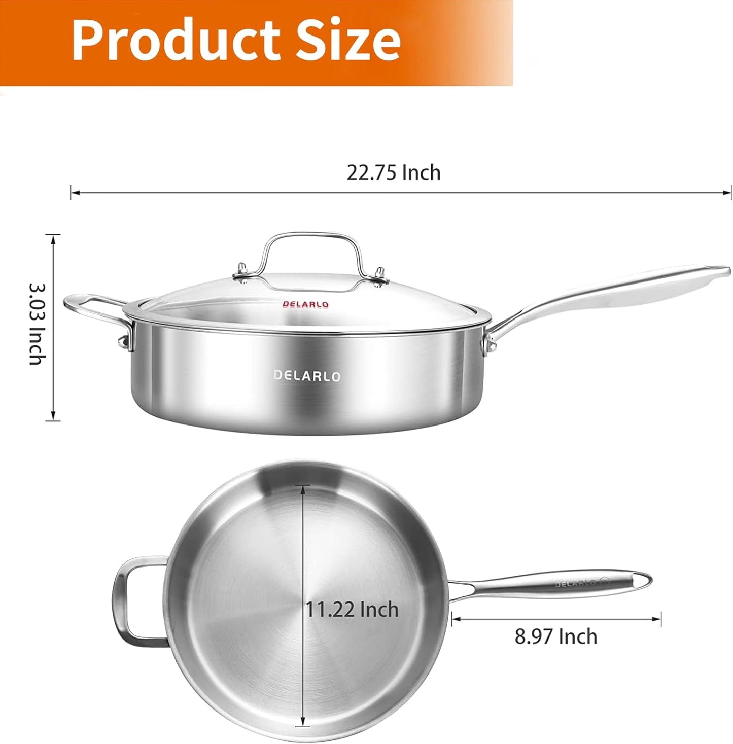 DELARLO Tri-Ply Stainless Steel Saute Pan Set With Lid Kitchen Cookware Set,Frying Pan Set Heats quickly Cookware, Suitable for All Stove Kitchen, Pots and Pans set