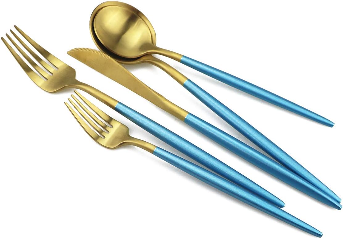 Gugrida Blue Gold Flatware, Royal 20 Piece Matte Blue Handle 18/10 Stainless Steel Tableware Sets for 4 Including Forks Spoons Knives, Camping Silverware Travel Utensils Set Cutlery (Blue Gold)
