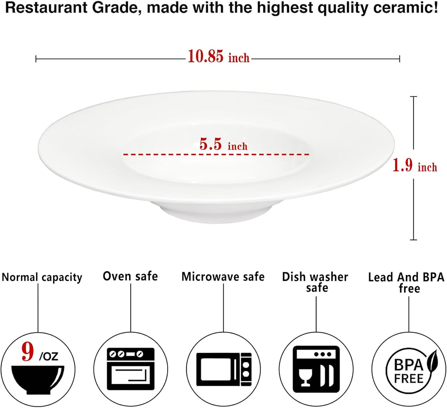 Ceramic Wide Rimmed Soup Plate, Soup Bowl 9 oz, Pasta Bowl Set of 4, White Shallow Bowl Plate with Rim, Best choice for high-end restaurants, hotels, and foodies, 10.85 Inch