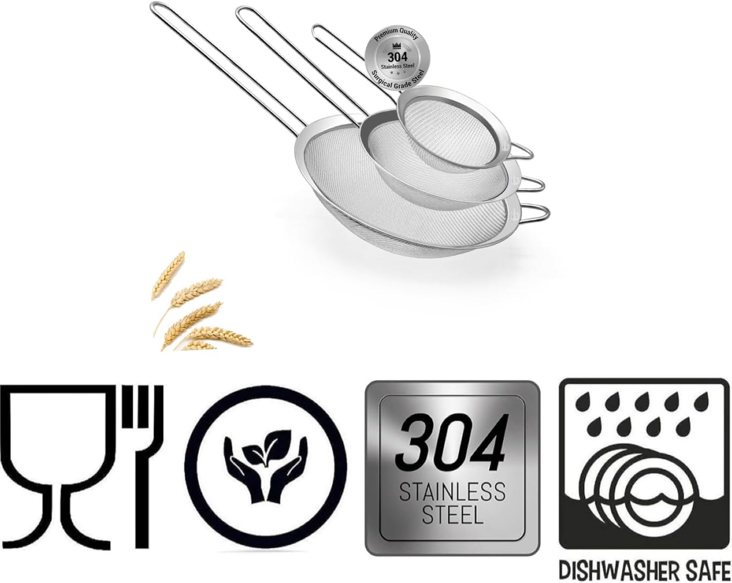 3 Fine Mesh Strainers Set with Handle for Kitchen - Sizes 7", 4.7", 3.3", Easy Clean 304 Stainless Steel, Comfortable Non-Slip Grip. Ideal for Tea, Coffee, Rice, Quinoa, Veggies & Fruits