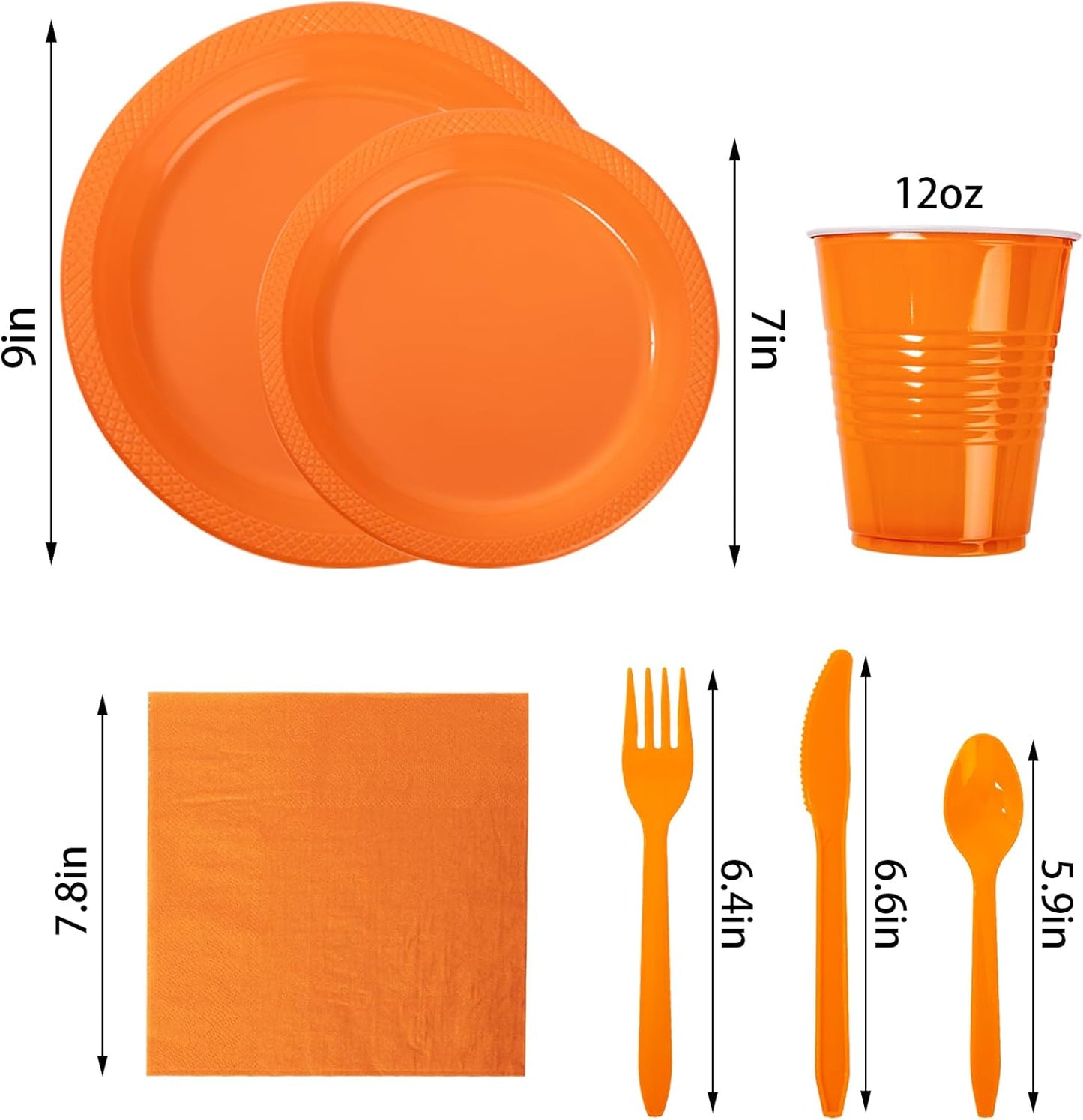 WELLIFE 210Pcs Orange Disposable Plates For Party,Plastic Dinnerware Set,Includes: Orange Plastic Plates and Napkins, Disposable Cutlery and 12OZ Cups, Serve 30 Guests for Party and Thanksgiving