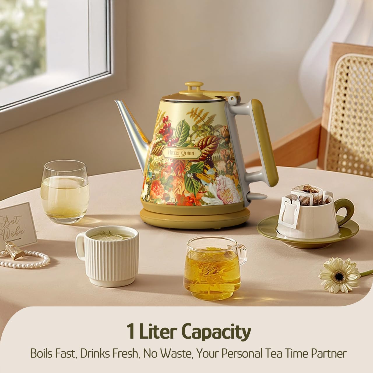 Hazel Quinn Retro X Eduardo Recife Collaboration Electric Kettle- 1 Litres / 34 Ounces Retro Small Tea Kettle, Double Wall, 304 Stainless Steel, 800W Fast Boiling, Cordless, BPA-Free, Auto Shut-Off