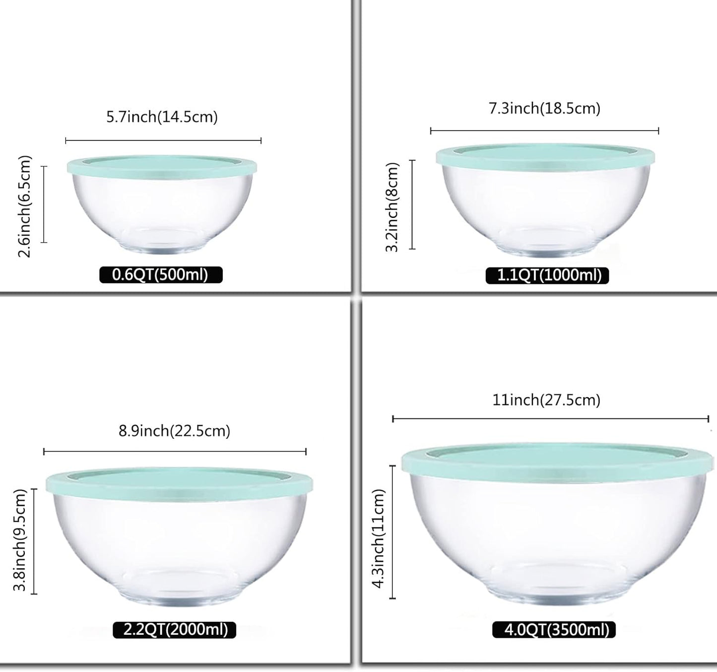 Glass Mixing Bowl Set with Airtight Lids for Kitchen Baking Prepping, Serving, Cooking 0.6QT, 1.1QT, 2.2QT, 4QT Salad Bowl Set with Lids, Dishwasher and Microwavable Safe