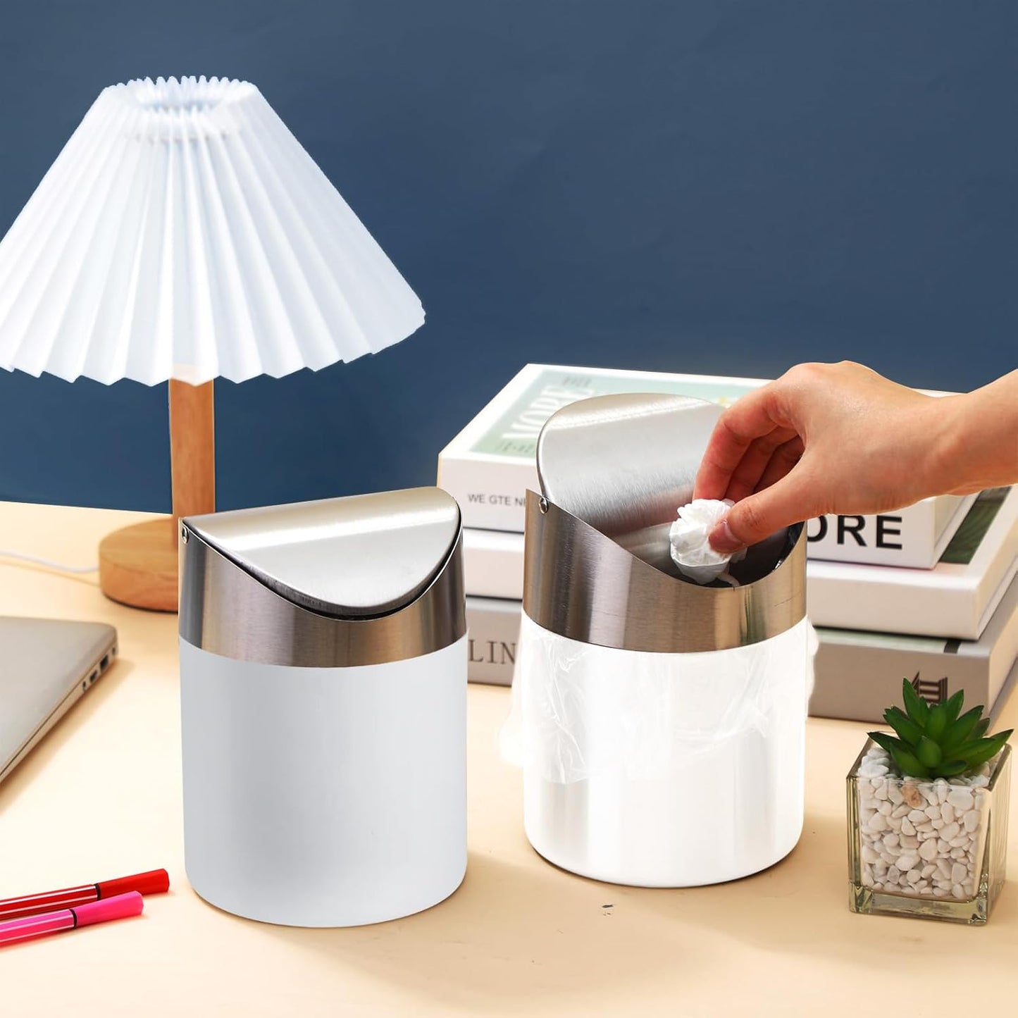 2 Pcs Desk Trash Can with Swing Lids, 12 Rolls of Trash Bags, 2L Brushed Stainless Steel Countertop Garbage Bin Small Wastebasket with Lid for Office Desk, Coffee Table(Matte White)