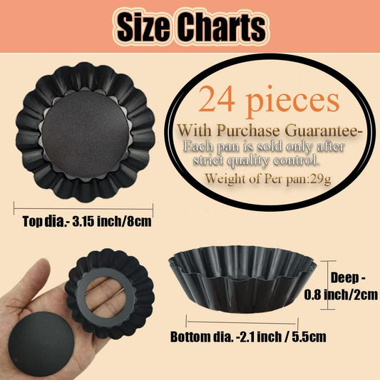 DATANYA 24Packs Mini Tart Pans 3 Inch with Removable Botttom, Carbon Steel Fluted Tart Tin Shell Mold Round Nonstick 3'' Quiche Pans for Pies, Mousse Cakes, Dessert Baking
