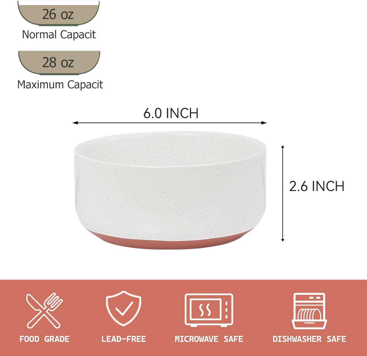 GZG 6 Inch Ceramic Cereal Bowls Set of 4, 28oz Large Soup Salad Pasta Bowls, Porcelain Oatmeal Bowl for Kitchen, Microwave & Dishwasher Safe