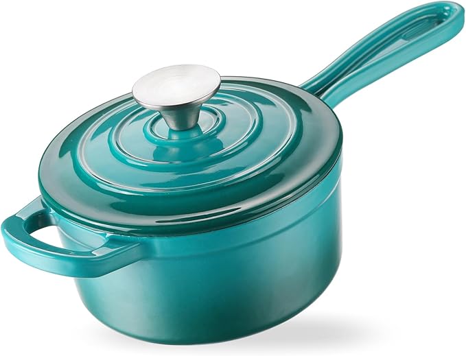 Enameled Cast Iron Sauce Pan, 1 Quart Enameled Saucepan with Lid, Mini Dutch Oven Enamel Saucepan for Cooking Pasta Sauce, Gravy, Puddings, Marinate, Boiling (Blue Green)