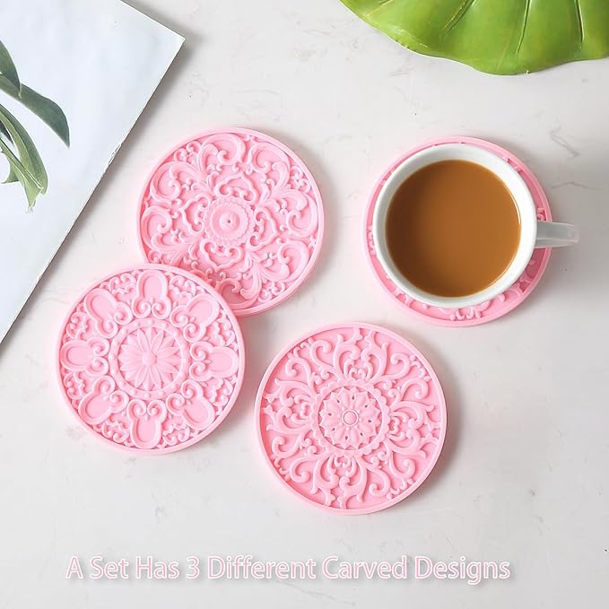 Colinda Silicone Coasters - Set of 6 with Holder, Non-Slip Cup Mats for Hot and Cold Drinks, Decorative Designs, Gift Ready Packaging, Pink