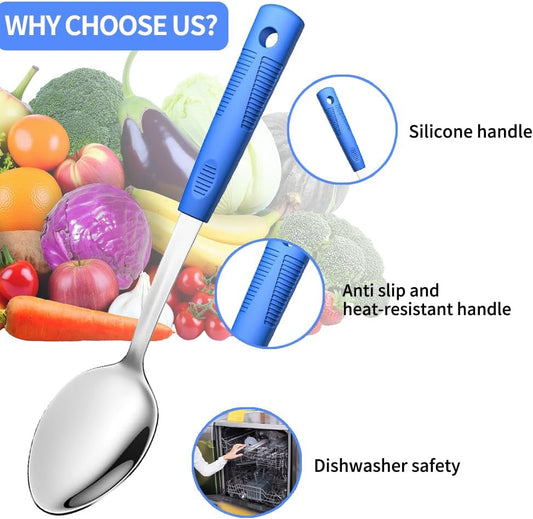 2-Piece,Stainless Steel Serving spoons set with Slotted Spoon.Serving Spoon and Perforated Spoon, kitchen cooking serving utensils set cooking spoon-blue