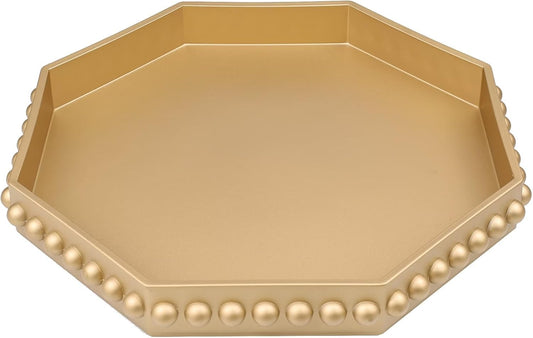 Gold Serving Tray for Coffee Table, Octagonal Beaded Plastic Decorative Tray for Ottoman, Kitchen Counter, Living Room, Outdoor Lacquer Tray for Entertaining