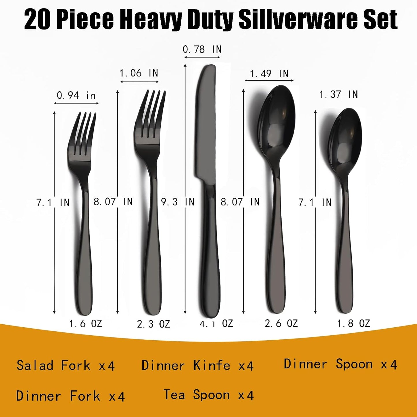 20-Piece Black Silverware Set, Flatware Set for 4, Food-Grade Stainless Steel Tableware Cutlery Set, Mirror Finished Utensil Sets for Home Restaurant, Forks Spoons and Knives Set, Dishwasher Safe