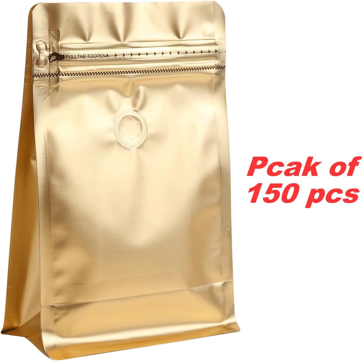 150 Pack High Barrier Stand-Up Coffee Bean Bags with Vented Valve, Matte Metallic, Heat-Sealable and Resealable Solid Color Pouches for Food Storage (6 * 12.8 inch,2 lb,32 oz,Golden)