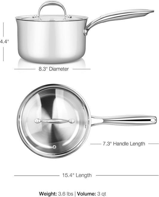KEAWELL K3 Premium 3-Quart Tri-Ply Stainless Steel Saucepan with Lid, Induction & Oven Safe up to 600°F, Even Heating, Professional Cookware for All Stovetops (3-Qt)