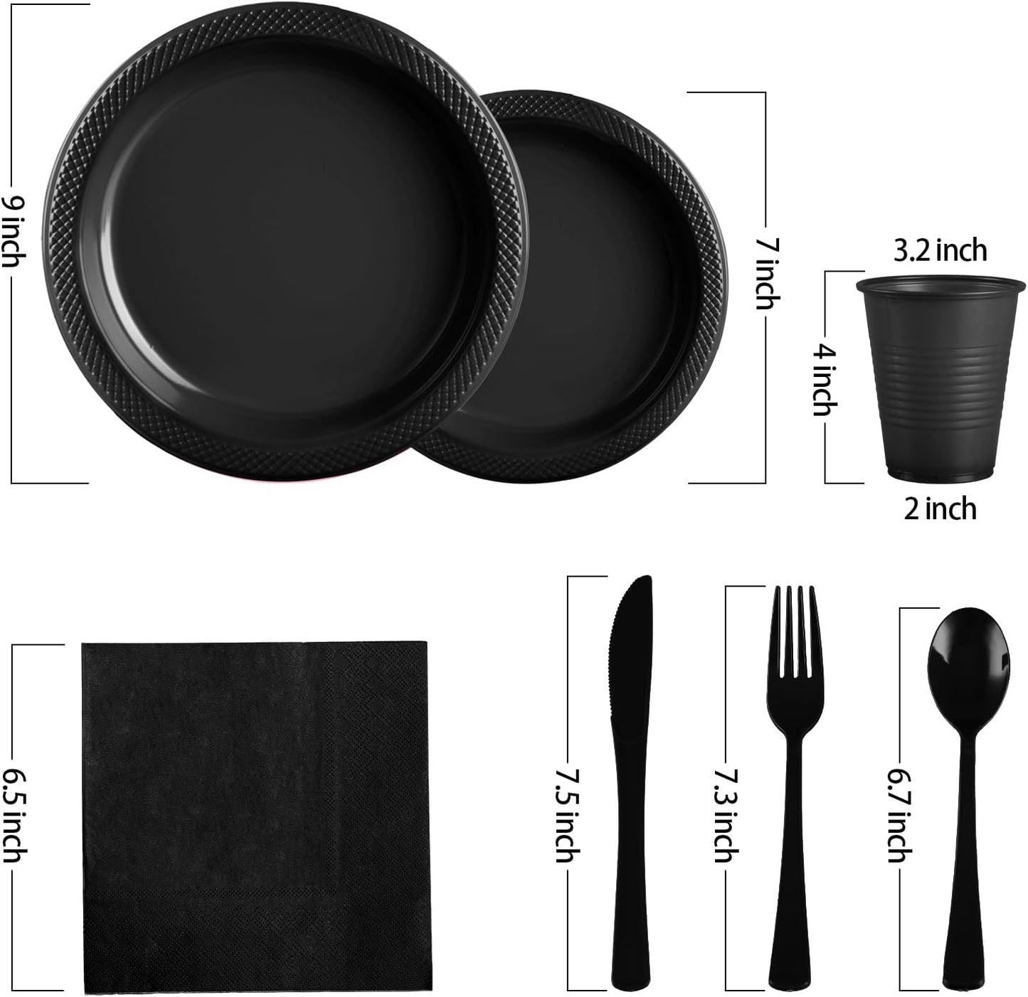 Black Plastic Plates, 25 Guest Disposable Dinnerware Set for Halloween Party, Black Party Supplies, Includes 25 Dinner Plates, 25 Dessert plates, 25 plastic Cutlery, 25 Napkins and 25 12 oz Cups