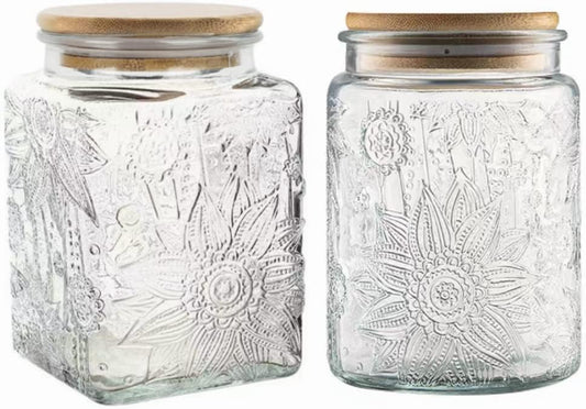 ANSQU Set of 2 Vintage Glass Storage Jars, Glass Food Storage Containers(25.3oz/23.7oz), Candy Jars with Lids for Kitchen Coffee, Tea, Cookie, Sugar, Bath Salts, Cute Jar