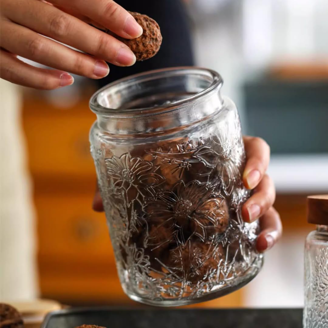 Set of 2 Vintage Glass Jars, 23.7 FL OZ Candy Jars with Lids, Sugar Container Mason Jars for Home Kitchen Pantry, Cute Jar (Daisy & Sunflower)