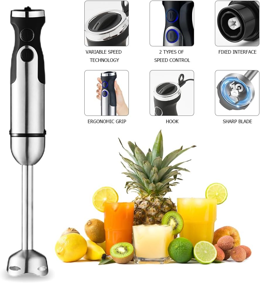 Immersion Hand Blender,Electric Blender, 5 in 1 SS Immersion Blender, 1200W Powerful Hand Stick Mixer Blender with Turbo Mode,with Variable Speed & Chopper, Whisk and Frother, 15.55