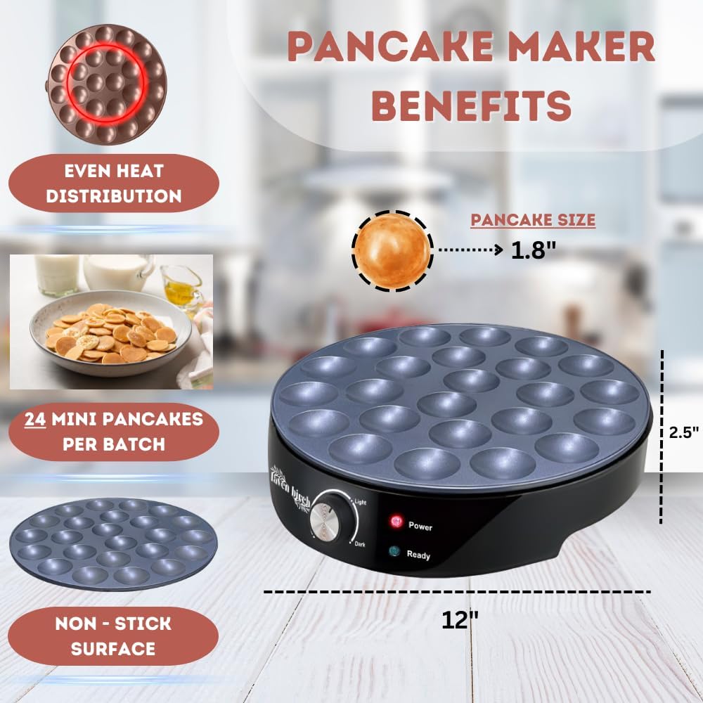 24PCS Mini Pancake Maker Machine, Nonstick Electric Dutch Pancakes Griddle, Adjustable Heat Multi-Use Poffertjes Pan, Simple & Easy Baker for Home and Restaurants, Perfect for Breakfast & Desserts