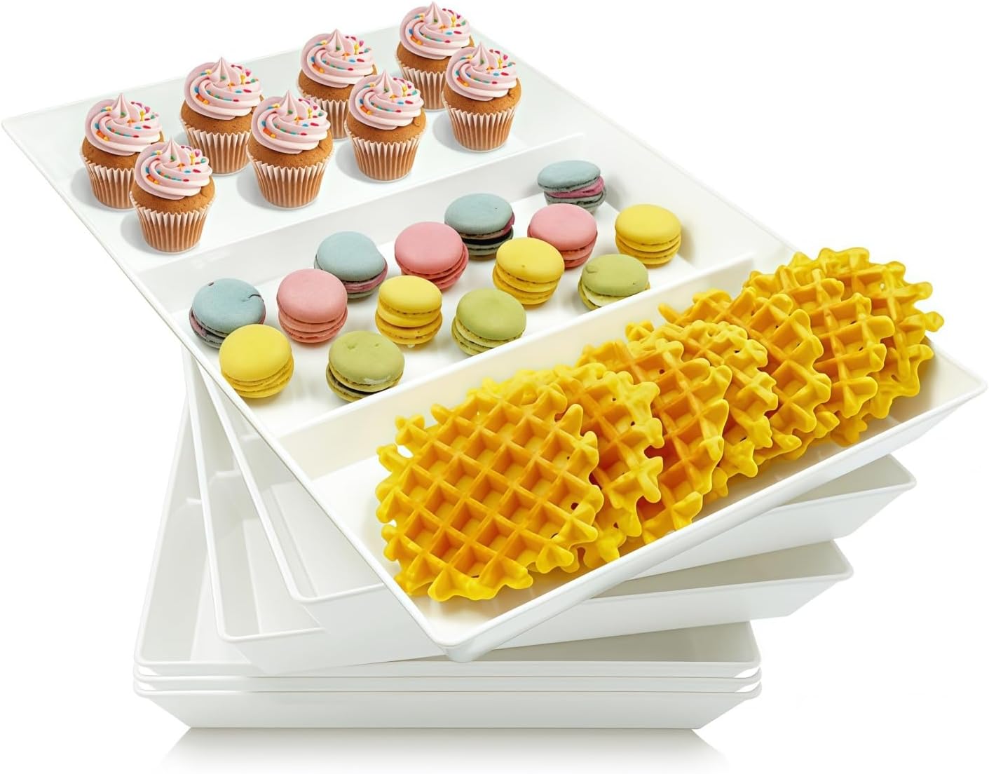 Divided Serving Tray Platter, 6 Pack 15" x 10" Fruit Veggie Food Tray for Party, Plastic Serving Trays for Appetizer, Snack, Dessert, Cookie, Brunch Decorations Platters, White Trays BPA-Free